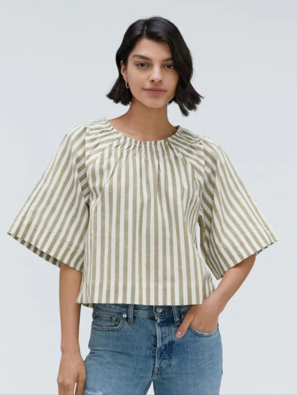 Everlane Seersucker Gathered Tee in Nutria/Off-White Women's Medium Preppy Boho